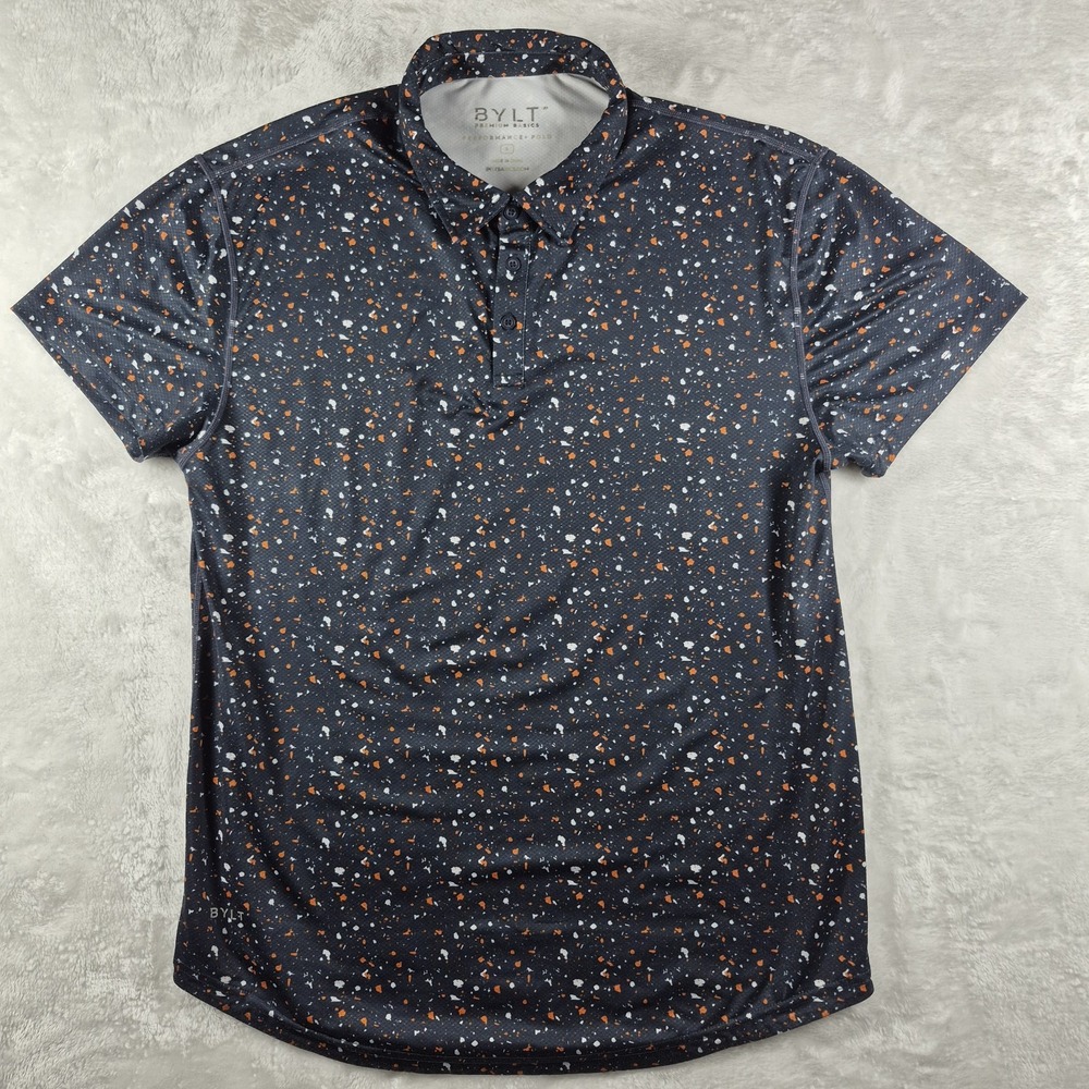 BYLT Performance Polo Shirt Men's Large Dark Blue Speckle Golf Drop Cut Stretch